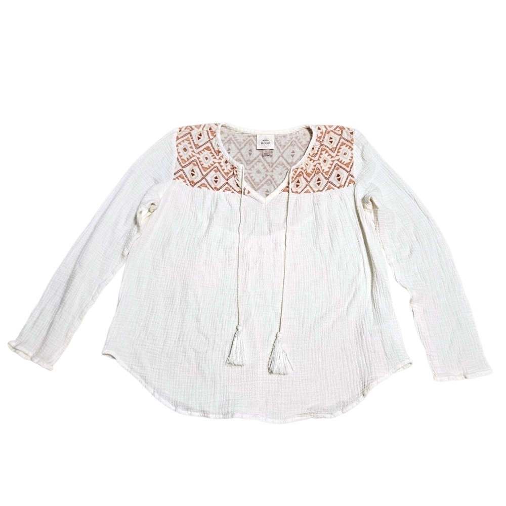 Knox Rose Boho Peasant Top Gauze Cotton Embroidered Tassel Pullover Blouse Sz M